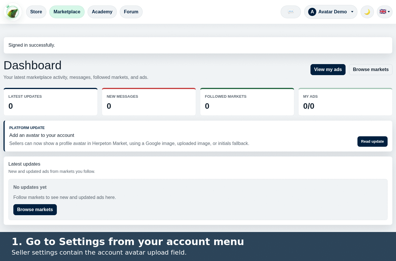 Step-by-step avatar upload in Herpeton Market